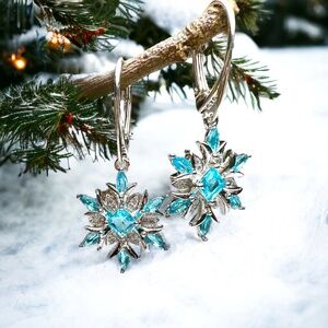 Snowflake Swiss Blue Topaz Earrings Sterling Silver 925 , December Birthstone